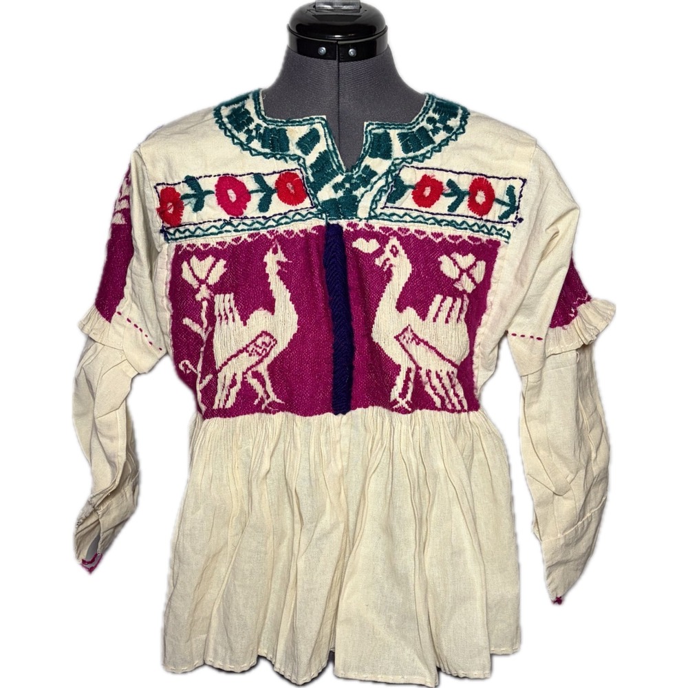 Vtg 50s-70s Mexican Oaxacan HandmadeFolk Art Blouse Huipil Bird Small‎ STAINED